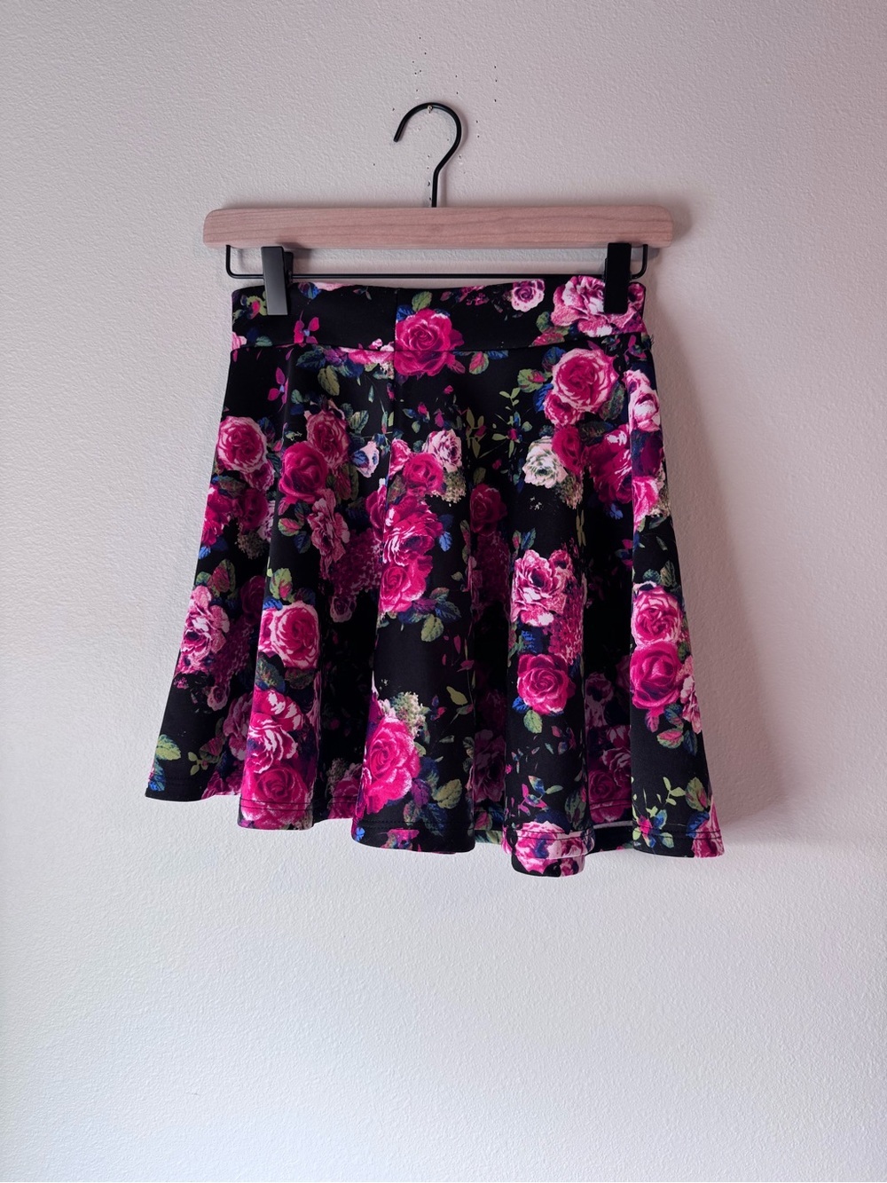 Charlotte Russes Floral Black/Pink Rose Print Skater Skirt